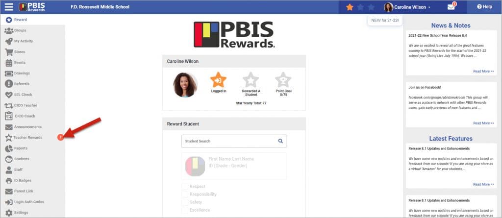 Notifications on the PBISR web portal and staff app
