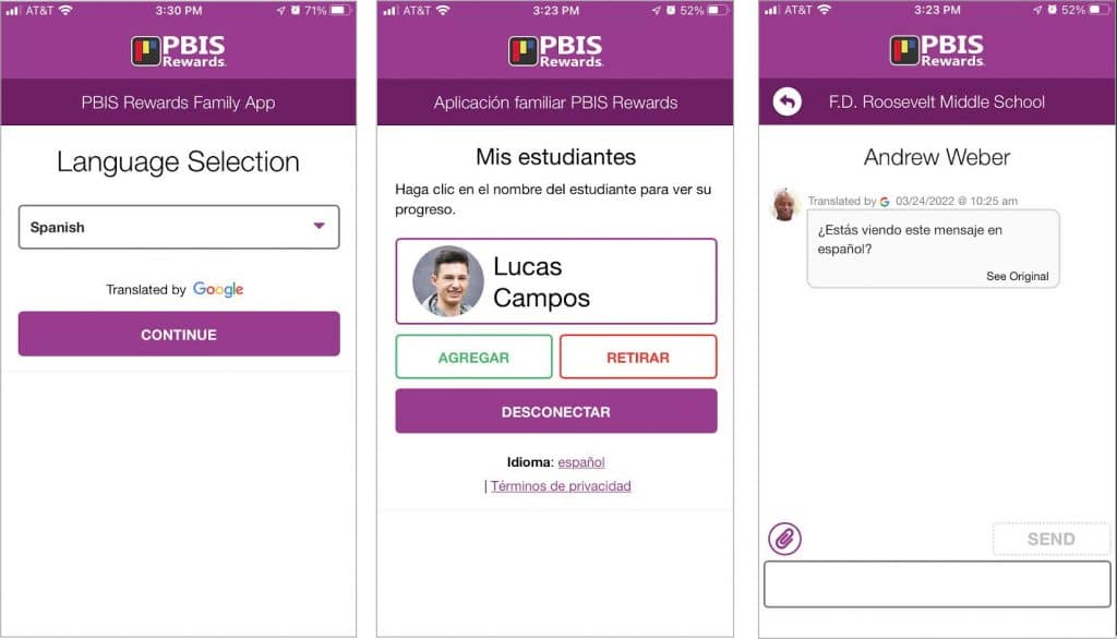 PBIS Rewards Family App Spanish Language Selection